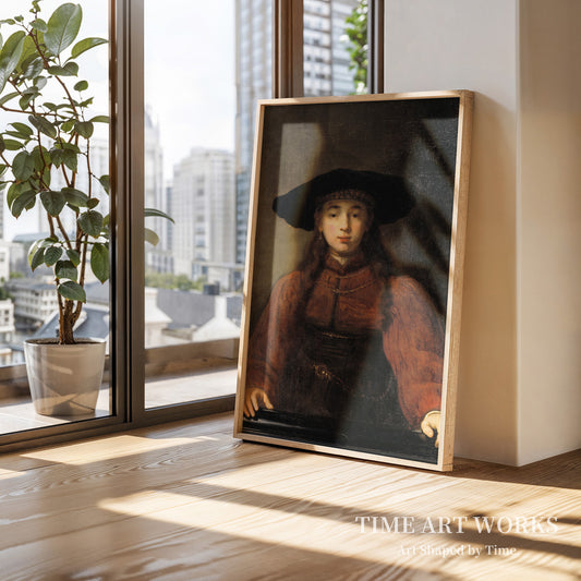 額縁に手を置いた若い女性(En ung kvinde med hænderne hvilende på billedrammen)— レンブラント・ファン・レイン(工房)(Rembrandt van Rijn (værksted))