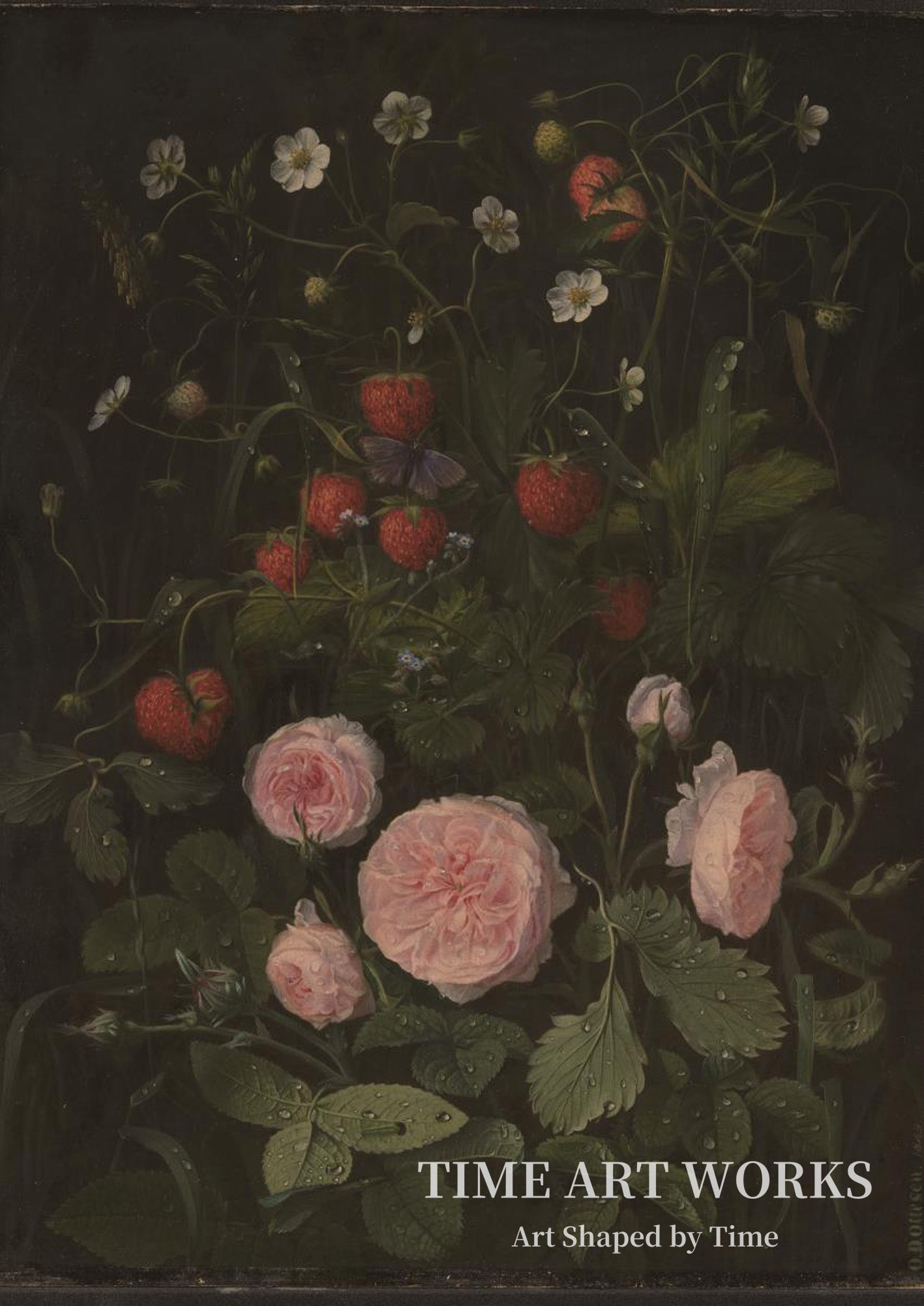 薔薇と苺の花景（Blomsterstykke med roser og jordbær）— オッテセン、OD（Ottesen, O.D.）