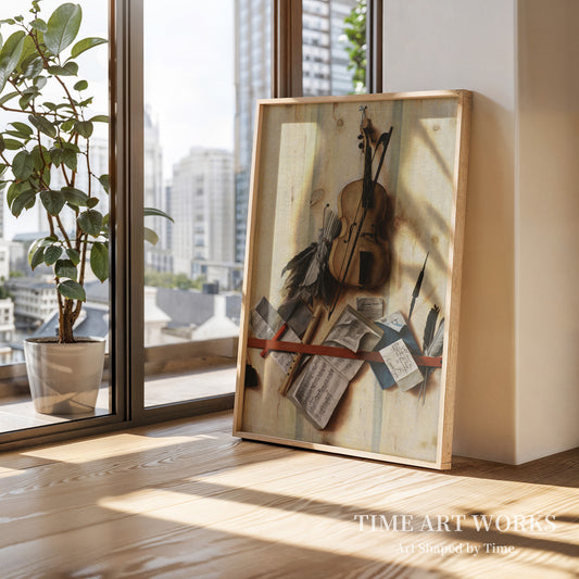 楽器のトロンプルイユ（Trompe l'oeil med violin, nodehæfte og blokfløjte）— ギスブレヒト、コルネリアス・ノルベルトゥス（Gijsbrechts, Cornelius Norbertus）