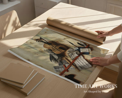楽器のトロンプルイユ（Trompe l'oeil med violin, nodehæfte og blokfløjte）— ギスブレヒト、コルネリアス・ノルベルトゥス（Gijsbrechts, Cornelius Norbertus）