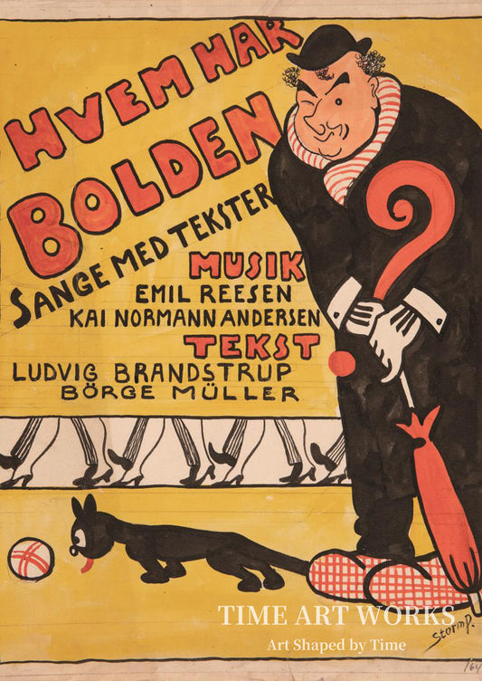 『誰がボールを持っているのか？』（Forlæg til titelblad til "Hvem har Bolden". Karikeret portræt af Carl Alstrup）— ストーム・ピーターセン、ロバート（ストーム・P.）（Storm Petersen, Robert (Storm P.)）