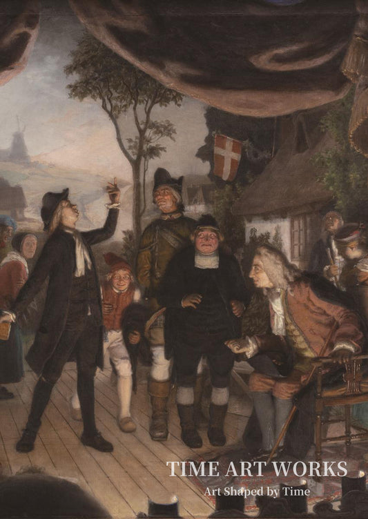 『エラスムス・モンタヌス』の稽古（Holberg overværer en prøveforestilling af Erasmus Montanus, IV akt, 2. scene: "Ergo er I en Hane"）— フローリッヒ、ローレンツ（Frølich, Lorenz）