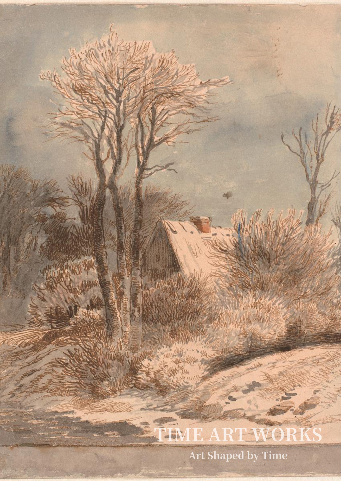木々に囲まれた家のある雪景色（Snelandskab med hus mellem træer）— ルンドビー、ヨハン・トーマス（Lundbye, Johan Thomas）