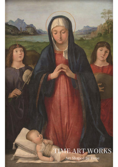幼子イエスの礼拝（Kristusbarnet tilbedes af Jomfru Maria, der knæler mellem to musicerende engle）— ソラリオ、アントニオ（Solario, Antonio）