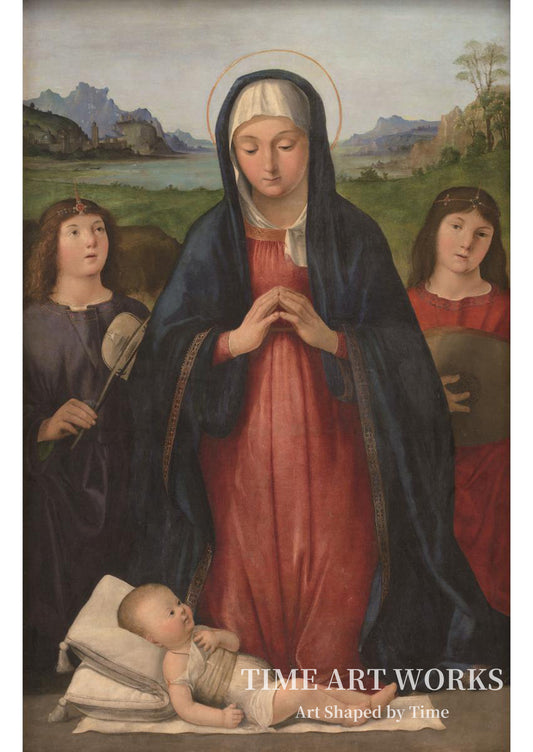 幼子イエスの礼拝（Kristusbarnet tilbedes af Jomfru Maria, der knæler mellem to musicerende engle）— ソラリオ、アントニオ（Solario, Antonio）