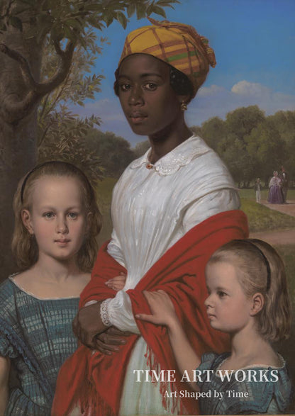 フレデリクスベア庭園の肖像（Portræt af Otto Marstrands to døtre og deres vestindiske barnepige, Justina Antoine, i Frederiksberg Have）— マールストランド、ヴィルヘルム（Marstrand, Wilhelm）