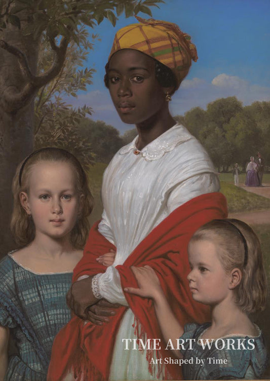 フレデリクスベア庭園の肖像（Portræt af Otto Marstrands to døtre og deres vestindiske barnepige, Justina Antoine, i Frederiksberg Have）— マールストランド、ヴィルヘルム（Marstrand, Wilhelm）