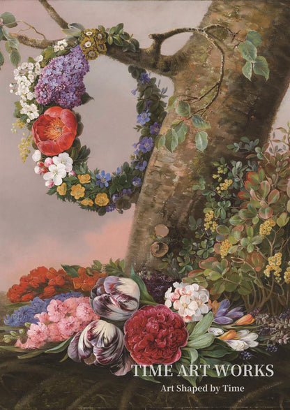 木の根元の花束（En buket blomster ved foden af et træ. På en gren hænger en blomsterkrans）— ロヴマンド、クリスティン（Løvmand, Christine）