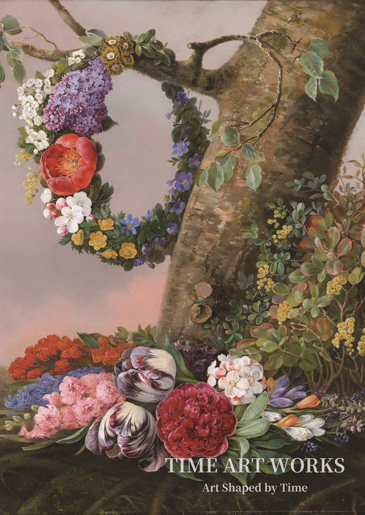 木の根元の花束（En buket blomster ved foden af et træ. På en gren hænger en blomsterkrans）— ロヴマンド、クリスティン（Løvmand, Christine）