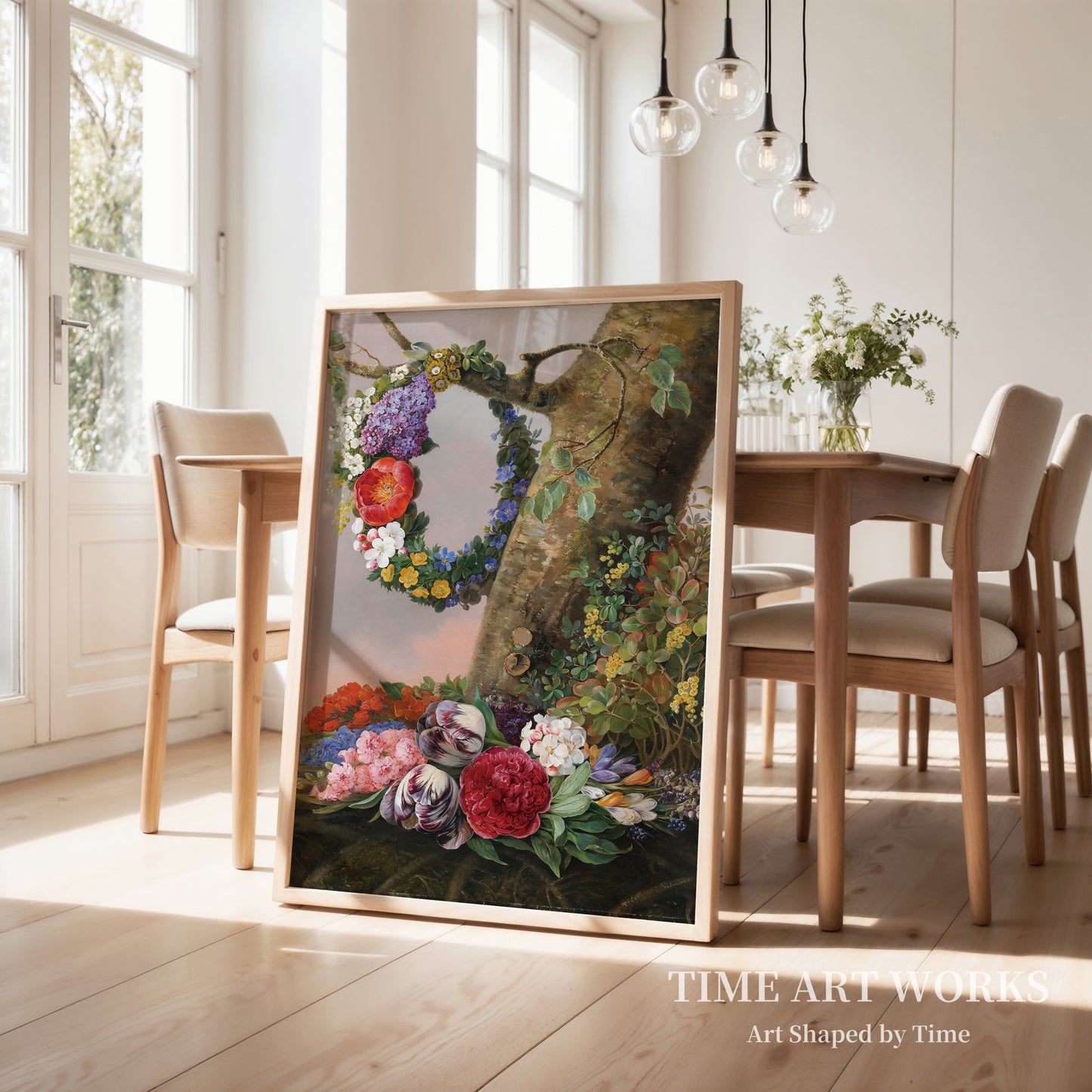 木の根元の花束（En buket blomster ved foden af et træ. På en gren hænger en blomsterkrans）— ロヴマンド、クリスティン（Løvmand, Christine）