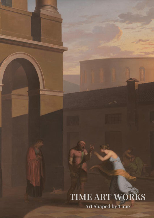 ダヴスと侍女ミシス（Davus taler med Mysis, Androspigens tjenestepige, som har lagt det nyfødte barn uden for Simos hus. Den lyttende Cremes opgiver sin datters forbindelse med Pamfilus. Motiv fra Terents: Pigen fra Andros）— アビルドガード、ニコライ（Abildgaard, Nicolai）