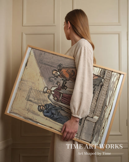 2段の階段に立つ3人の男性を描いた構図習作（Kompositionsstudie med tre stående mænd på en to-trins trappe）— ロルビー、マルティヌス（Rørbye, Martinus）