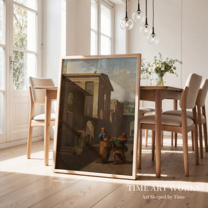 立ち去る助産婦（Jordemoderen forlader Androspigens hus. Simo siger til Davus, at han regner barselfærden for rent bedrageri. Motiv fra Terents: Pigen fra Andros）— アビルドガード、ニコライ（Abildgaard, Nicolai）