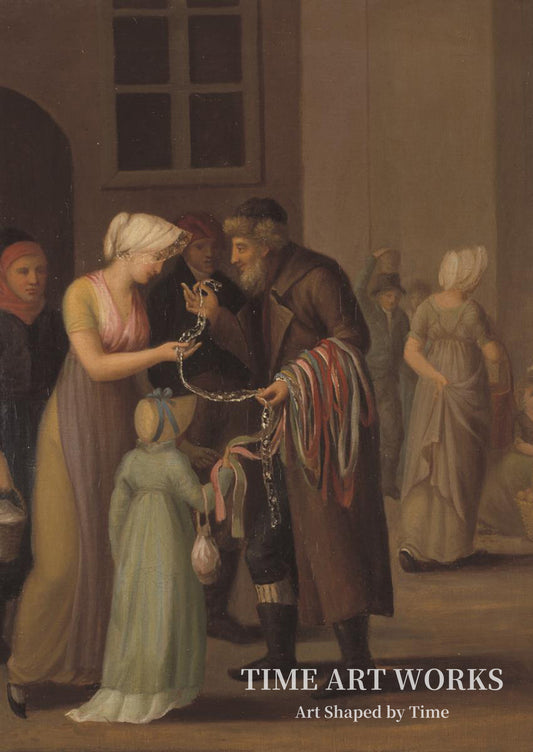 1800年頃のコペンハーゲン（Gadescene i København ved år 1800. Piskebåndsjøden sælger en knipling til en ung pige）— 未知（Ubekendt）