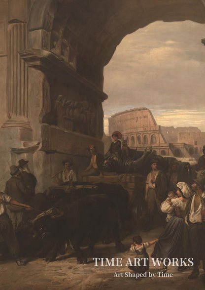 皇帝像を運ぶローマの労働者（Romerske arbejdsfolk transporterer en antik kejserstatue fra Colosseum igennem Titusbuen til museerne i Capitol）— ショー、LA（Schou, L.A.）