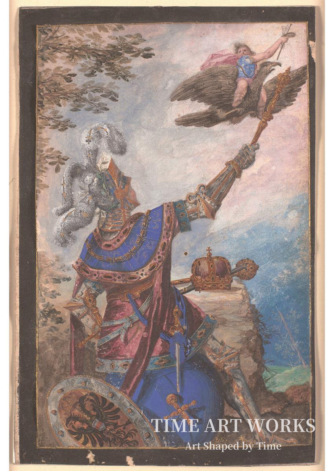 鷲に乗る絵画の天才（Malerkunstens geni flyvende på ryggen af en ørn viser sig for den knælende kejser Ferdinand II?）— ストロベル（II）、バーソロミュー（Strobel (II), Bartholomäus）