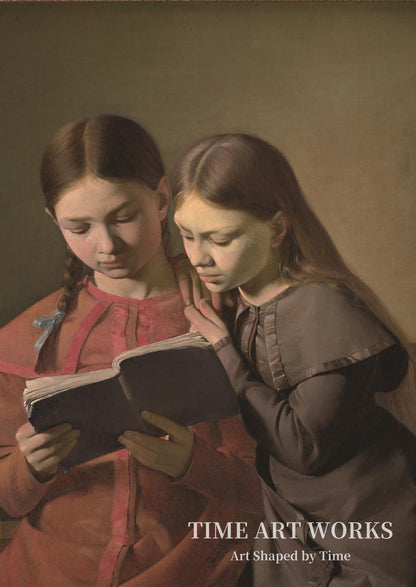 本を読んでいる姉妹（Kunstnerens søstre Signe og Henriette læsende i en bog）— ハンセン、コンスタンティン（Hansen, Constantin）