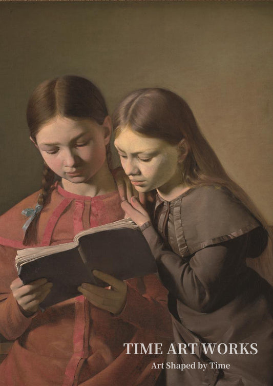 本を読んでいる姉妹（Kunstnerens søstre Signe og Henriette læsende i en bog）— ハンセン、コンスタンティン（Hansen, Constantin）