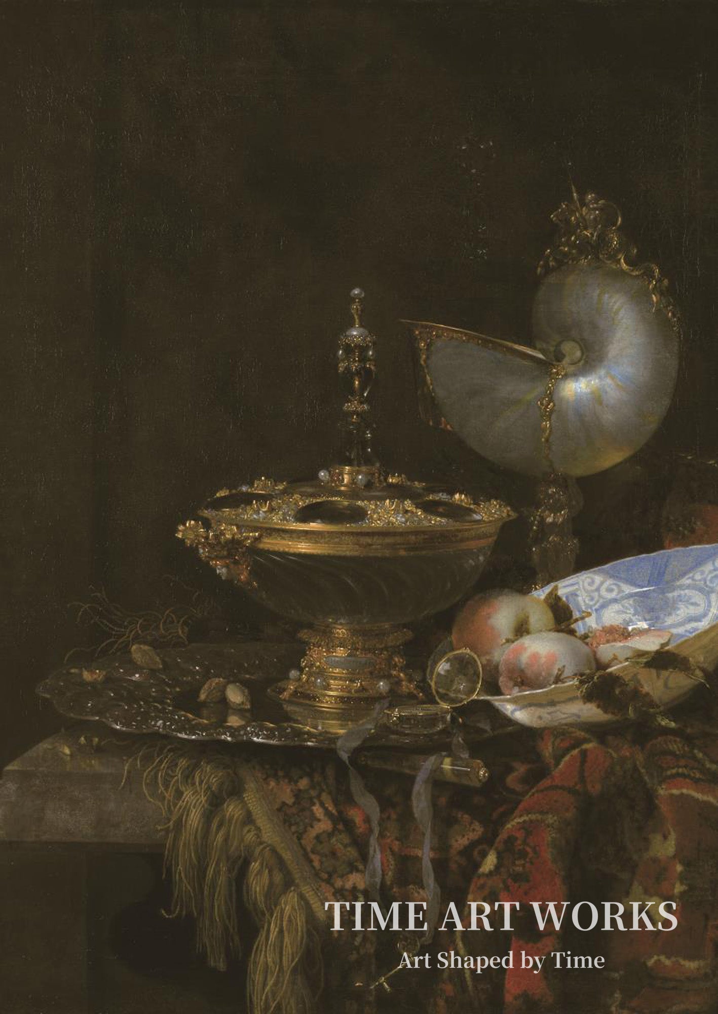 フルーツボウルの壮麗な静物画（Pragtstilleben med Holbeinskål, Nautilus- og glaspokal og frugtskål）— カルフ、ウィレム（Kalf, Willem）