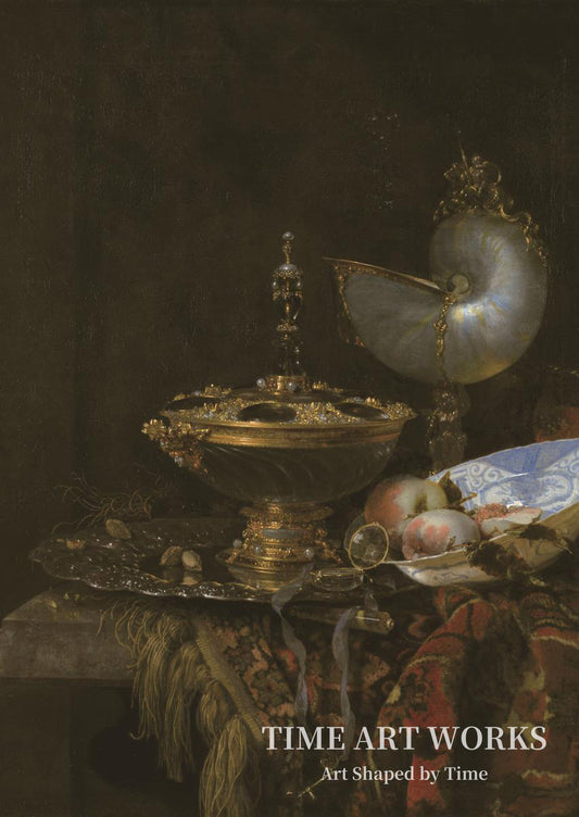 フルーツボウルの壮麗な静物画（Pragtstilleben med Holbeinskål, Nautilus- og glaspokal og frugtskål）— カルフ、ウィレム（Kalf, Willem）