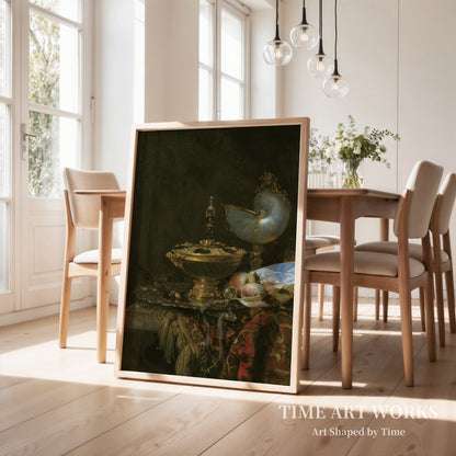 フルーツボウルの壮麗な静物画（Pragtstilleben med Holbeinskål, Nautilus- og glaspokal og frugtskål）— カルフ、ウィレム（Kalf, Willem）