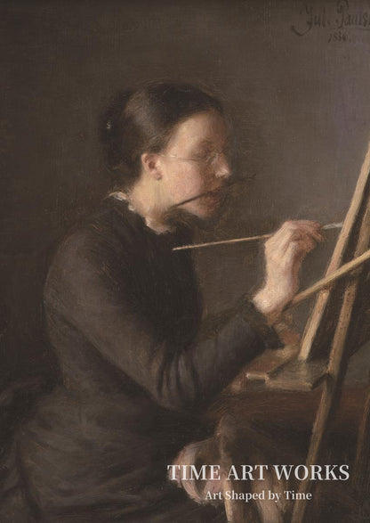画家アグネス・ポールセン（画家の妹）がイーゼルに向かっている。（Malerinden Agnes Paulsen, kunstnerens søster, ved staffeliet）— ポールセン、ジュリアス（Paulsen, Julius）
