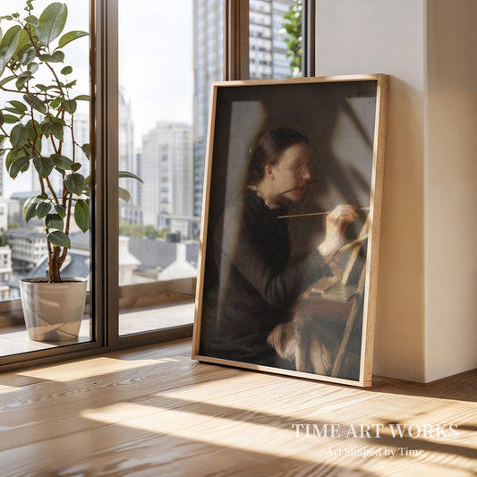 画家アグネス・ポールセン（画家の妹）がイーゼルに向かっている。（Malerinden Agnes Paulsen, kunstnerens søster, ved staffeliet）— ポールセン、ジュリアス（Paulsen, Julius）
