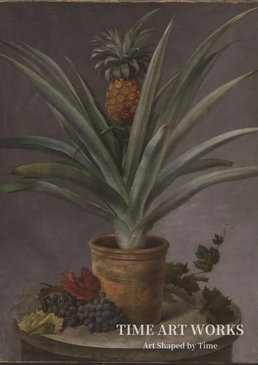 植木鉢に入ったパイナップルと石のテーブルに置かれたブドウ（En ananas i urtepotte og druer på et stenbord）— ネールガード、ヘルマニア（Neergaard, Hermania）
