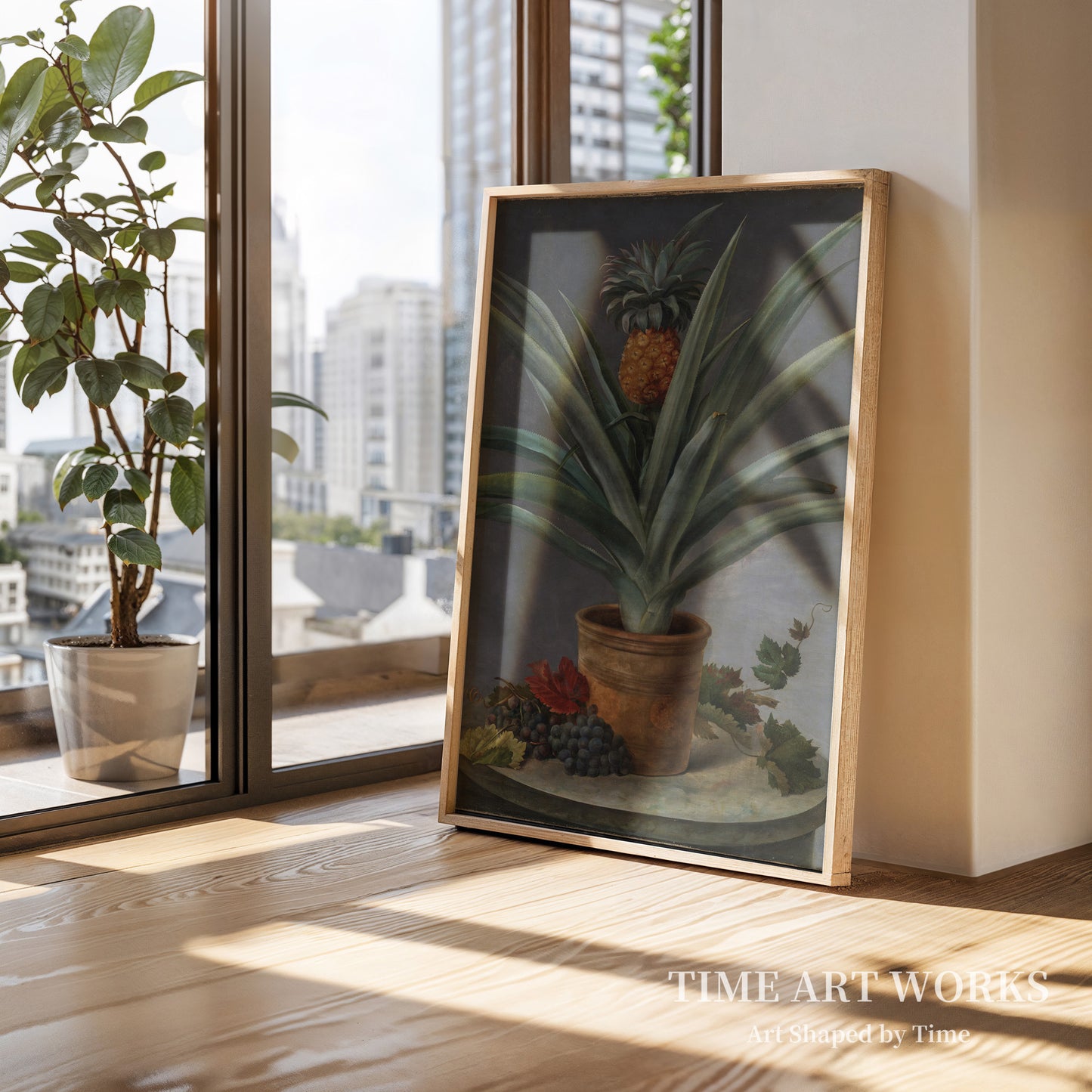 植木鉢に入ったパイナップルと石のテーブルに置かれたブドウ（En ananas i urtepotte og druer på et stenbord）— ネールガード、ヘルマニア（Neergaard, Hermania）