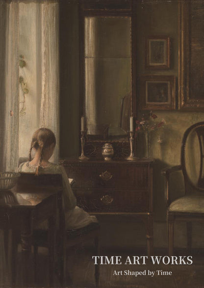 少女が読書をしている室内（Interiør med ung pige der læser）— ホルソー、カール（Holsøe, Carl）