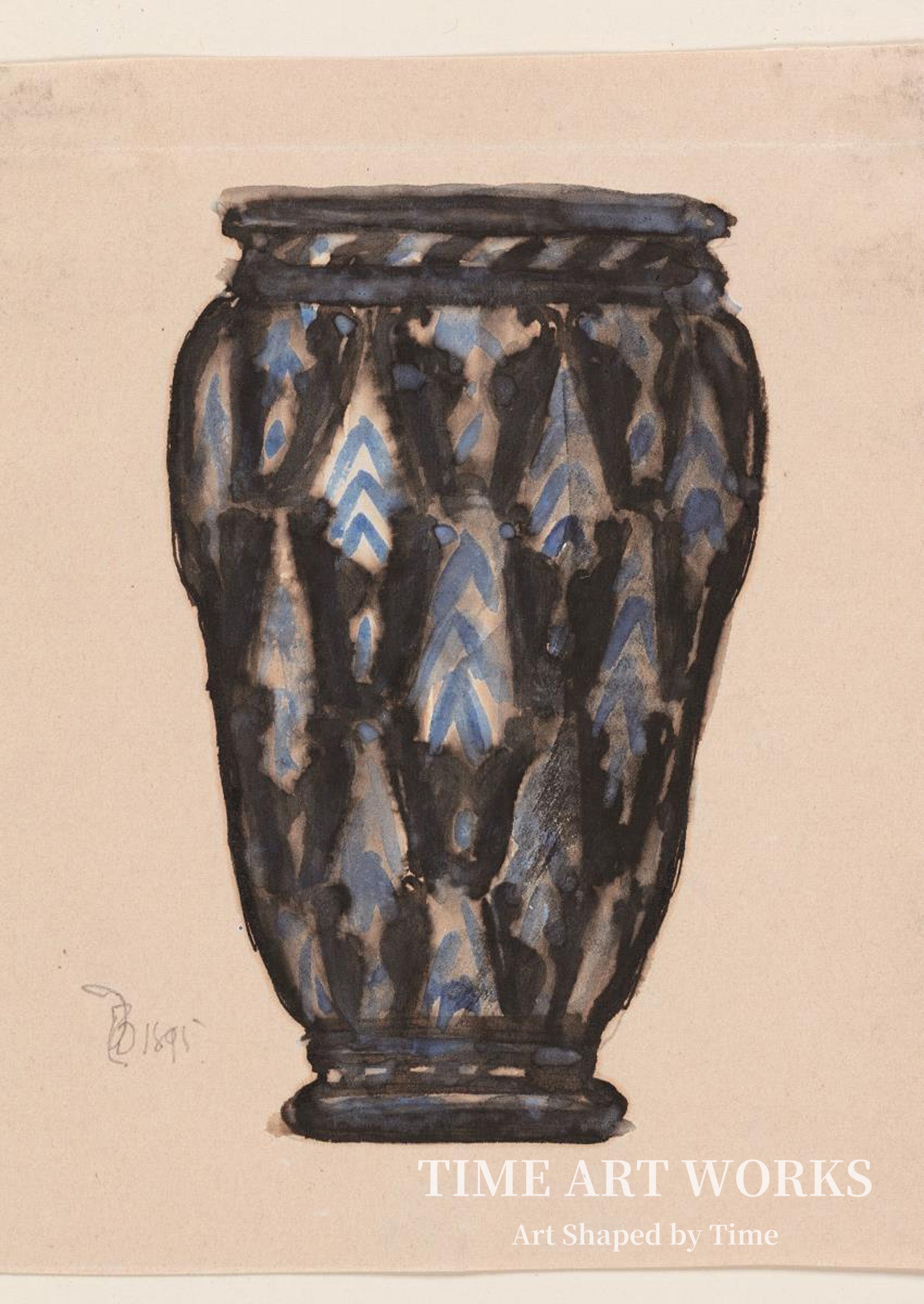 青と黒の装飾が施された壺の習作（Studie til krukke med blå og sort ornamentik）— ビンデスボエル、トールヴァルド（Bindesbøll, Thorvald）