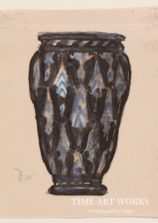 青と黒の装飾が施された壺の習作（Studie til krukke med blå og sort ornamentik）— ビンデスボエル、トールヴァルド（Bindesbøll, Thorvald）
